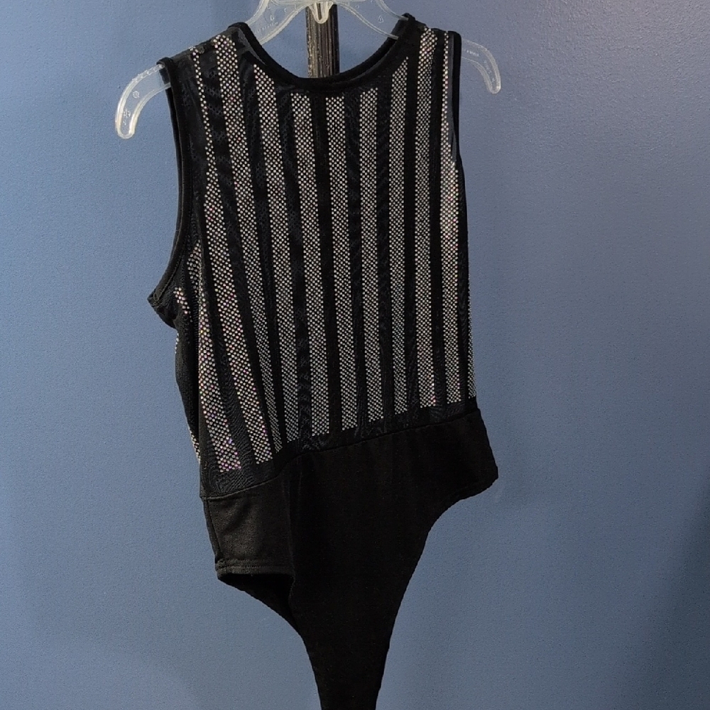 Source Unknown Black and Silver Striped Bodysuit
